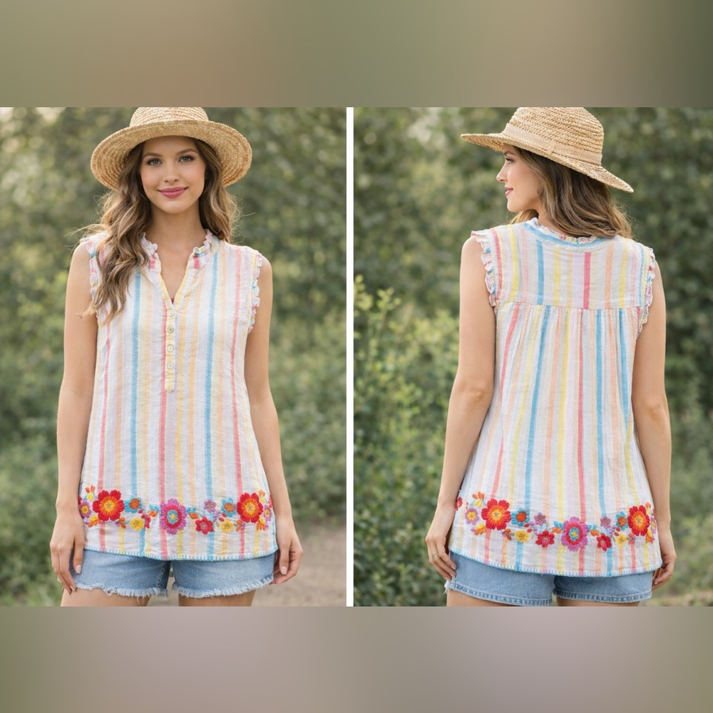 Ivy jane Multicolor Striped Sleeveless Tunic with Floral Hem